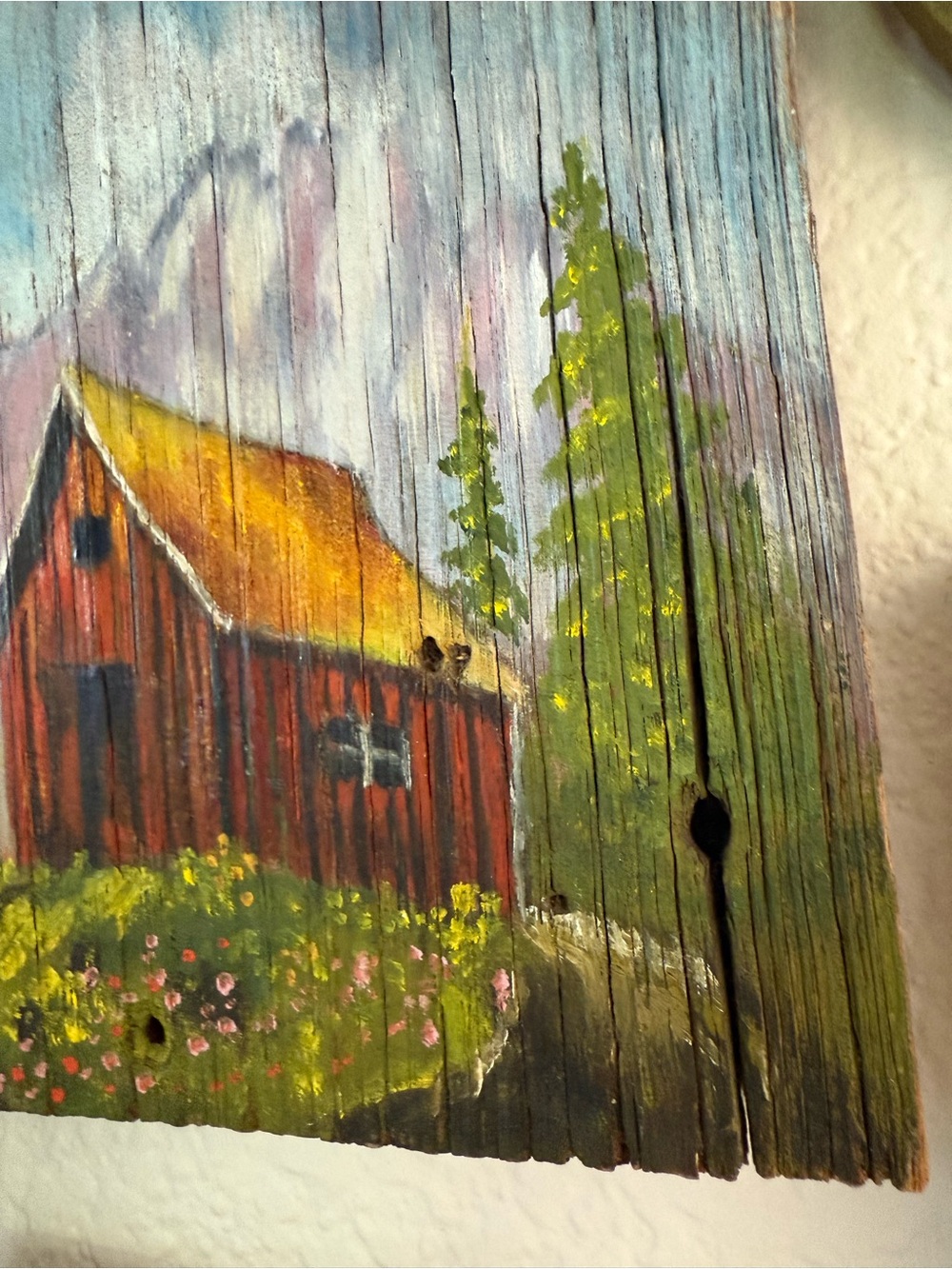 Original Signed Oil on Wood Red Barn with Yellow Roof Painting - Picture 4 of 9